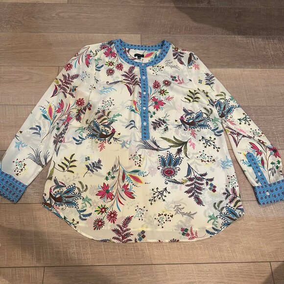 TALBOTS WOMENS LARGE PRINT LONG SLEEVE BLOUSE SHIRT BLUE CREAM - Picture 1 of 9